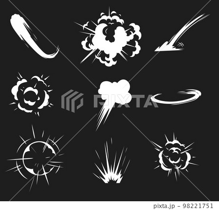 Comic energy explosion. Trace from movements, clouds and sparks from bombs or dynamites detonations. Speed dynamic motion 98221751
