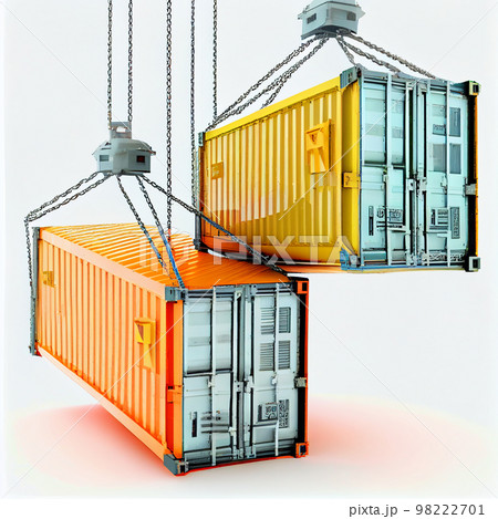 Freight container in air. Large container on chain loading. 98222701