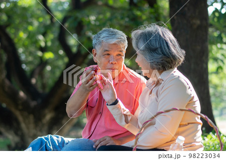 Happy old elderly couple spouses relaxing and sitting on a blanket in the park and sharing few precious memories. Senior couple having great time together on a picnic. concept of mature relationships Happy old elderly couple spouses relaxing and sitting on a blanket in the park and sharing few precious memories. Senior couple having great time together on a picnic. concept of mature relationships 98223034