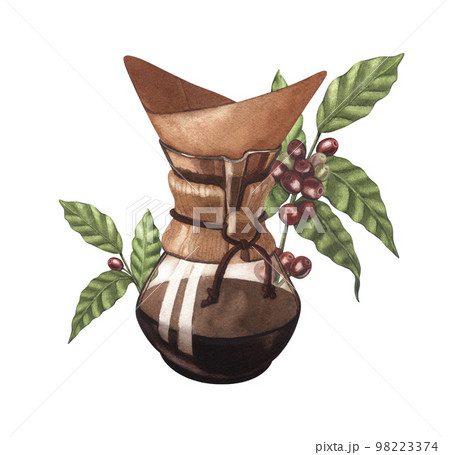 Vintage glass original coffee glass maker with hot brown beverage and red coffee arabica beans on branch with berries. Chemex coffee maker hand-drawn illustration isolated on white background. 98223374