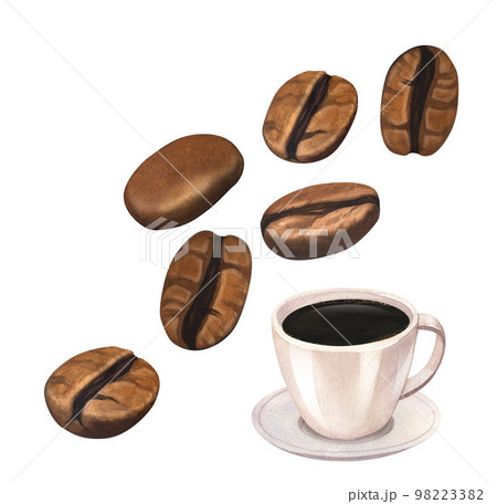 Watercolor roasted brown coffee beans and coffee cup. Natural hand-drawn illustration isolated on white background. Perfect food menu, concept for cafe, restaurant element, recipe, cooking graphics 98223382