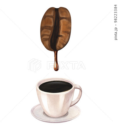 Watercolor roasted coffee beans with splash of coffee and coffee cup.Hand-drawn illustration liquid brown water of falling isolated on white background. Perfect food menu, concept for cafe,restaurant 98223384