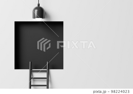 3d render ladder with black lamp and square hole on wall on light gray background. Minimal background. 98224023