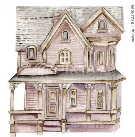 Watercolor illustration of an old pink country house . An old rusty enamel element. Hand-drawn in watercolour on a white background. Perfect for wedding invitation, greetings card, posters. Watercolor illustration of an old pink country house . An old rusty enamel element. Hand-drawn in watercolour on a white background. Perfect for wedding invitation, greetings card, posters. 98224098