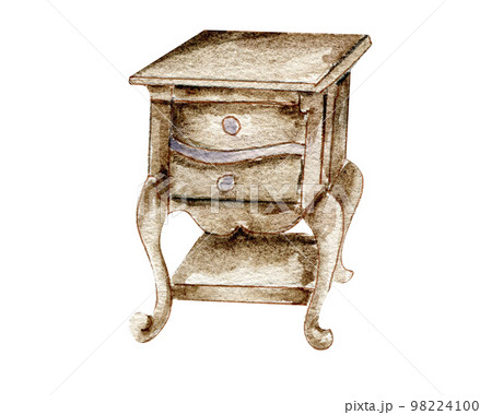 Watercolor illustration of an old wooden furniture . An old rusty enamel element. Hand-drawn in watercolour on a white background. Perfect for wedding invitation, greetings card, posters. 98224100