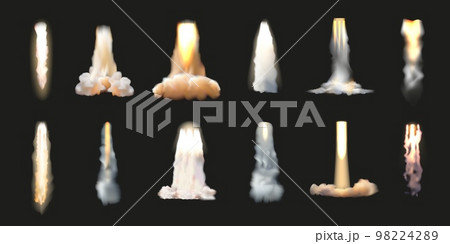 Rocket smoke, jet stream trail. Spaceship fire launch, blast in air, vapor clouds, speed plane in sky. Space shuttle contrail. Different traces mist. Vector realistic isolated set Rocket smoke, jet stream trail. Spaceship fire launch, blast in air, vapor clouds, speed plane in sky. Space shuttle contrail. Different traces mist. Vector realistic isolated set 98224289