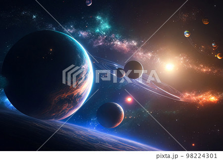 abstract space landscape with planets and flashes of stars and comets in blue and red colors abstract space landscape with planets and flashes of stars and comets in blue and red colors 98224301