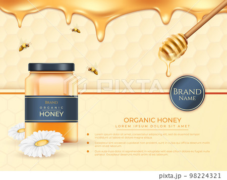 Honey jar, bee honeycomb banner. 3d product packaging ad, bottle blank label, pure organic food. Natural dessert advertising poster. Liquid smudges background. Vector realistic design 98224321