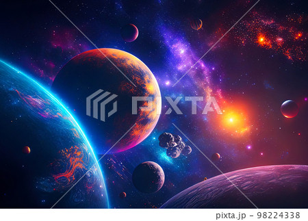 abstract space landscape with planets and flashes of stars and comets in blue and red colors 98224338