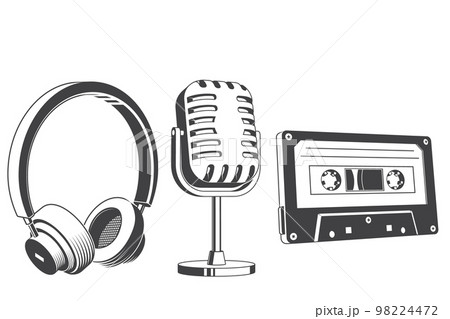 Retro music equipment Icons. Set include classical audio cassette tape, headphones, microphone. For t shirt, emblem, logo, badge design. Vector illustration. Equipment for listening and recording 98224472