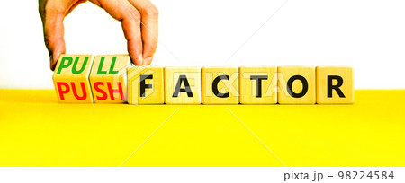 Pull or push factor symbol. Concept word Pull factor and Push factor on wooden cubes. Beautiful yellow table white background. Businessman hand. Business pull or push factor concept. Copy space. 98224584
