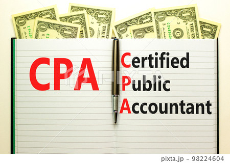 CPA certified public accountant symbol. Concept words CPA certified public accountant on white note on a beautiful white background. Business and CPA certified public accountant concept. Copy space. CPA certified public accountant symbol. Concept words CPA certified public accountant on white note on a beautiful white background. Business and CPA certified public accountant concept. Copy space. 98224604