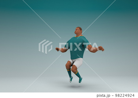 An athlete wearing a green shirt and white pants is jumping. 3d rendering of cartoon character in acting. 98224924