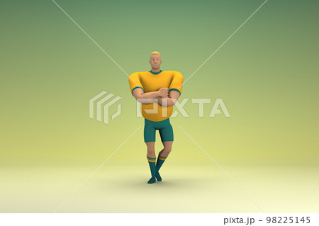 An athlete wearing a yellow shirt and green pants is expression of hand when talking. 3d rendering of cartoon character in acting. 98225145