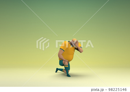 An athlete wearing a yellow shirt and green pants. He is sad or in pain. 3d rendering of cartoon character in acting. An athlete wearing a yellow shirt and green pants. He is sad or in pain. 3d rendering of cartoon character in acting. 98225146