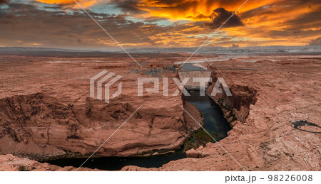 Aerial view of the Grand Canyon Upriver Colorado River Glen Canyon Dam in Arizona USA. Scenic view of the Glen Canyon Dam. Aerial view of the Grand Canyon Upriver Colorado River Glen Canyon Dam in Arizona USA. Scenic view of the Glen Canyon Dam. 98226008