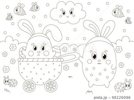 Cute coloring page for easter holidays with bunny character in country cart in scandinavian style, printable game 98226086