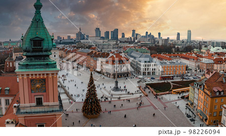 Aerial view of the Christmas tree near Castle Square with Column of Sigismund in polish capital - Warsaw. Christmas spirit in Warsaw city. Aerial view of the Christmas tree near Castle Square with Column of Sigismund in polish capital - Warsaw. Christmas spirit in Warsaw city. 98226094