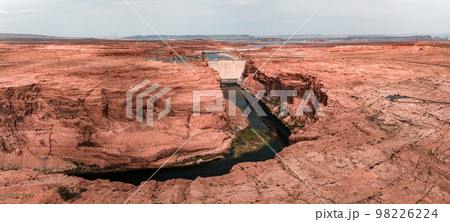Aerial view of the Grand Canyon Upriver Colorado River Glen Canyon Dam in Arizona USA. Scenic view of the Glen Canyon Dam. 98226224