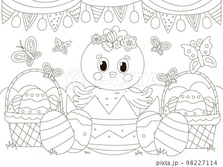 Cute coloring page for easter holidays with chick character in egg shell and baskets with eggs and flowers 98227114