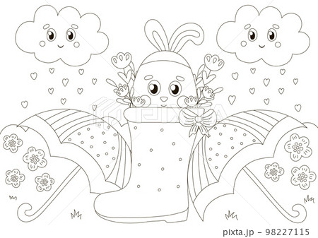 Cute coloring page for easter holidays with bunny character in rubber boot and umbrella with flowers 98227115