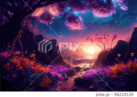 Fairytale forest at night, scenery of fantasy purple flowers and blossom, generative AI 98229136