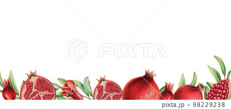 Watercolor pomegranate banner with a branch. Ripe slice, flowers and seeds of pomegranate. Hand drawn realistic tasty garnet red fruit isolated Watercolor pomegranate banner with a branch. Ripe slice, flowers and seeds of pomegranate. Hand drawn realistic tasty garnet red fruit isolated 98229238