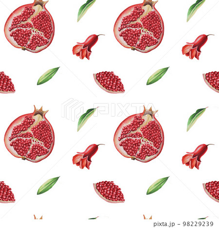 Watercolor seamless pattern with ripe pomegranate half cutted with leafs and flowers. Hand drawn realistic tasty garnet isolated on background 98229239