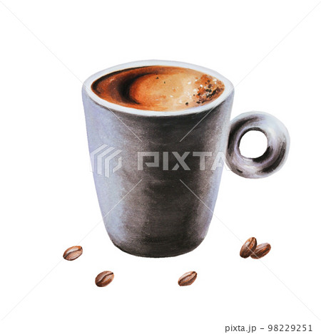 Watercolor strong espresso illustration coffee in a porcelain cup with coffee beens. Hand painting on a white isolated background. For designers, menu, shop, bar, bistro, restaurant, for postcards Watercolor strong espresso illustration coffee in a porcelain cup with coffee beens. Hand painting on a white isolated background. For designers, menu, shop, bar, bistro, restaurant, for postcards 98229251