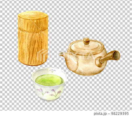 緑茶と急須と茶筒の水彩イラスト ベクター 緑茶と急須と茶筒の水彩イラスト ベクター 98229395