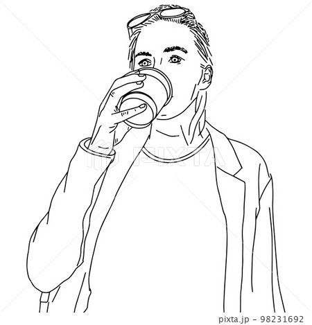 Outline sketch of a girl drinks coffee Outline sketch of a girl drinks coffee 98231692