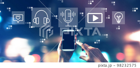 Podcast theme with city lights at night Podcast theme with city lights at night 98232575