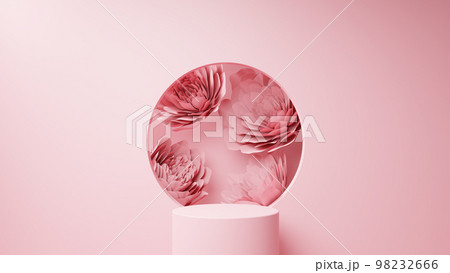 ピンク色の背景にピンク色の紙で作られた複数の花。円柱の台座。春の背景イメージ。(横長) ピンク色の背景にピンク色の紙で作られた複数の花。円柱の台座。春の背景イメージ。(横長) 98232666