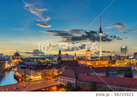 Berlin Germany, sunset city skyline at TV Tower and Spree River 98233023