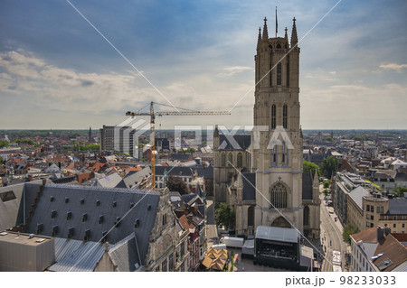 Ghent Belgium, high angle view city skyline at Saint Bavo's Cathedral 98233033