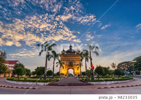 Vientiane Laos, sunrise city skyline at Patuxai (Patuxay) the most famous landmark in Vientiane 98233035