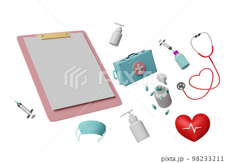 3d check list template with first aid kit bag, stethoscope, syringe, red heart, blood pressure heart rate isolated. health love or world heart day concept, 3d render illustration 98233211