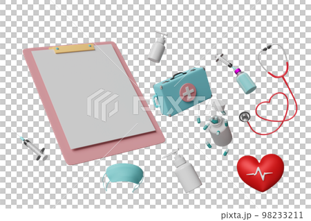 3d check list template with first aid kit bag, stethoscope, syringe, red heart, blood pressure heart rate isolated. health love or world heart day concept, 3d render illustration 98233211