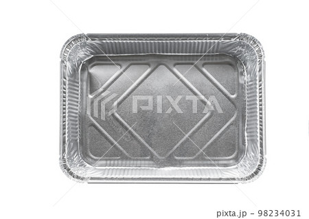 Empty disposable square aluminium foil baking dish isolated on white background, top view. 98234031