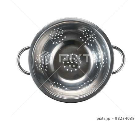 Stainless steel colander isolated on a white background, top view. 98234038