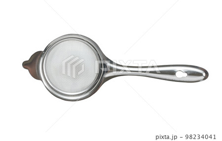 Metal or stainless-steel kitchen strainer, isolated on white background, top view. Metal or stainless-steel kitchen strainer, isolated on white background, top view. 98234041