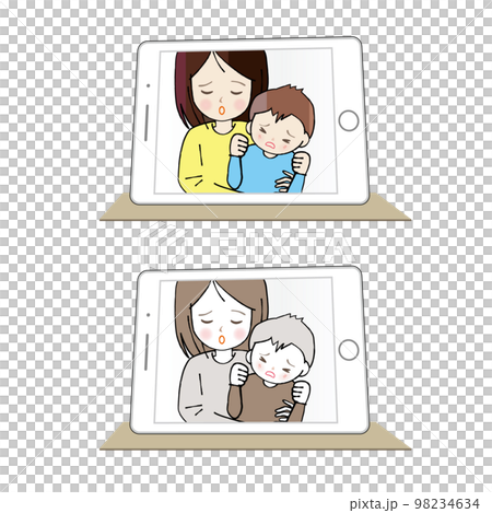 母親和男孩在平板電腦上打視頻電話，哭著臉傷心 98234634