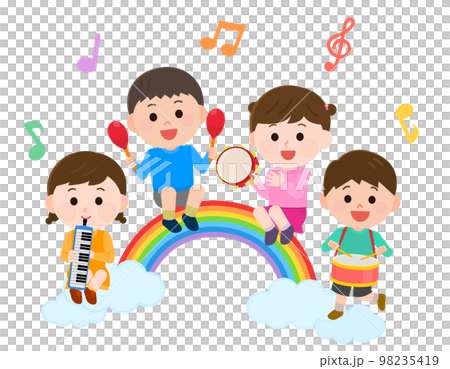 Children playing various musical instruments on the rainbow concert illustration 98235419