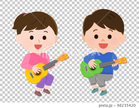 子ども用ギターを演奏する女の子と男の子　イラスト 98235420