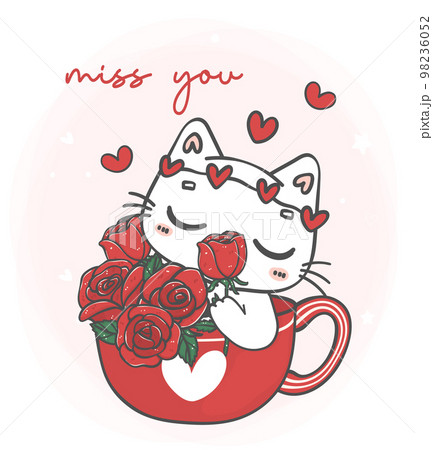 cute kawaii white cat smelling roses flowers in red mug, miss you, pet animal cartoon character hand drawing illustration vector 98236052