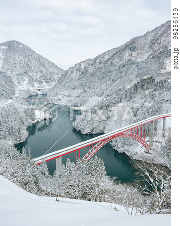富山_雪の庄川峡の絶景風景 98236459