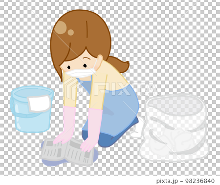 Woman processing vomit with newspaper (with background) 98236840