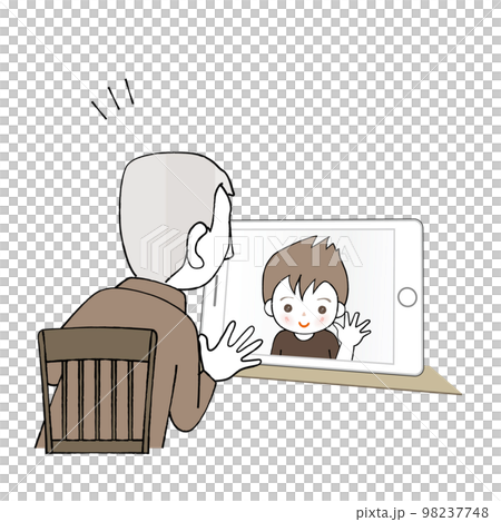 孫の男の子とビデオ通話をするシニア男性 98237748