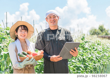 タブレットPCで農業の管理をするアジア人の男女（男性・女性） 98238067