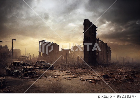 A post-apocalyptic ruined city. Destroyed buildings, burnt-out vehicles and ruined roads. 3D rendering A post-apocalyptic ruined city. Destroyed buildings, burnt-out vehicles and ruined roads. 3D rendering 98238247